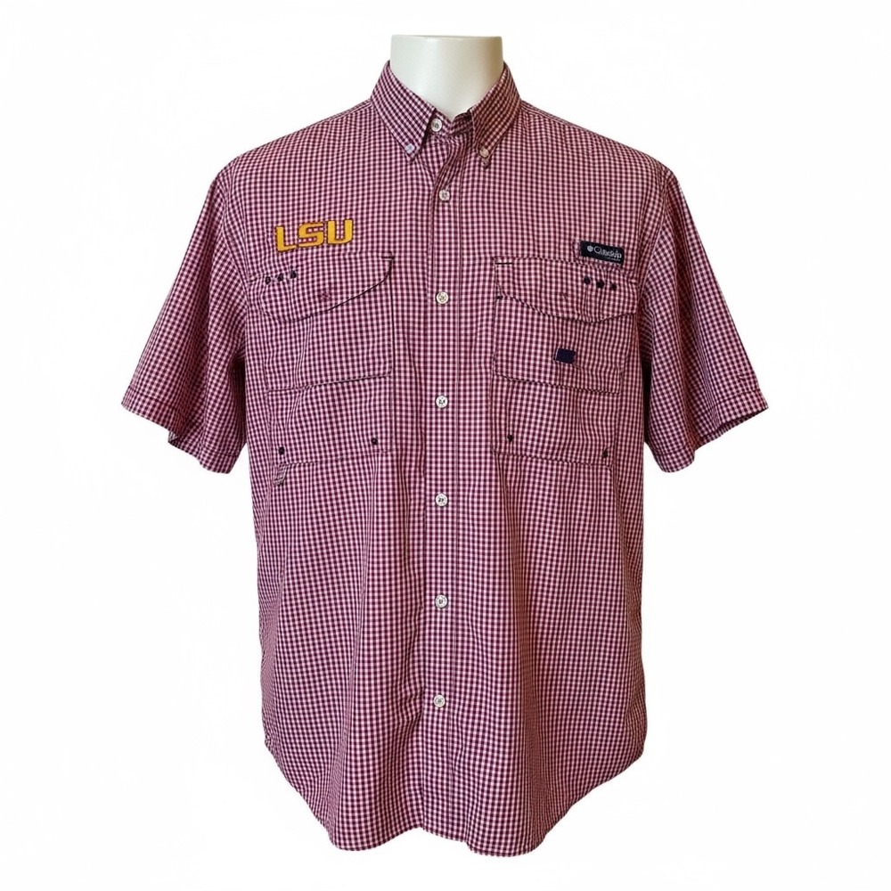 Columbia PFG Super Bahama Fishing Shirt LSU Logo Pink Red Gingham Men's Medium